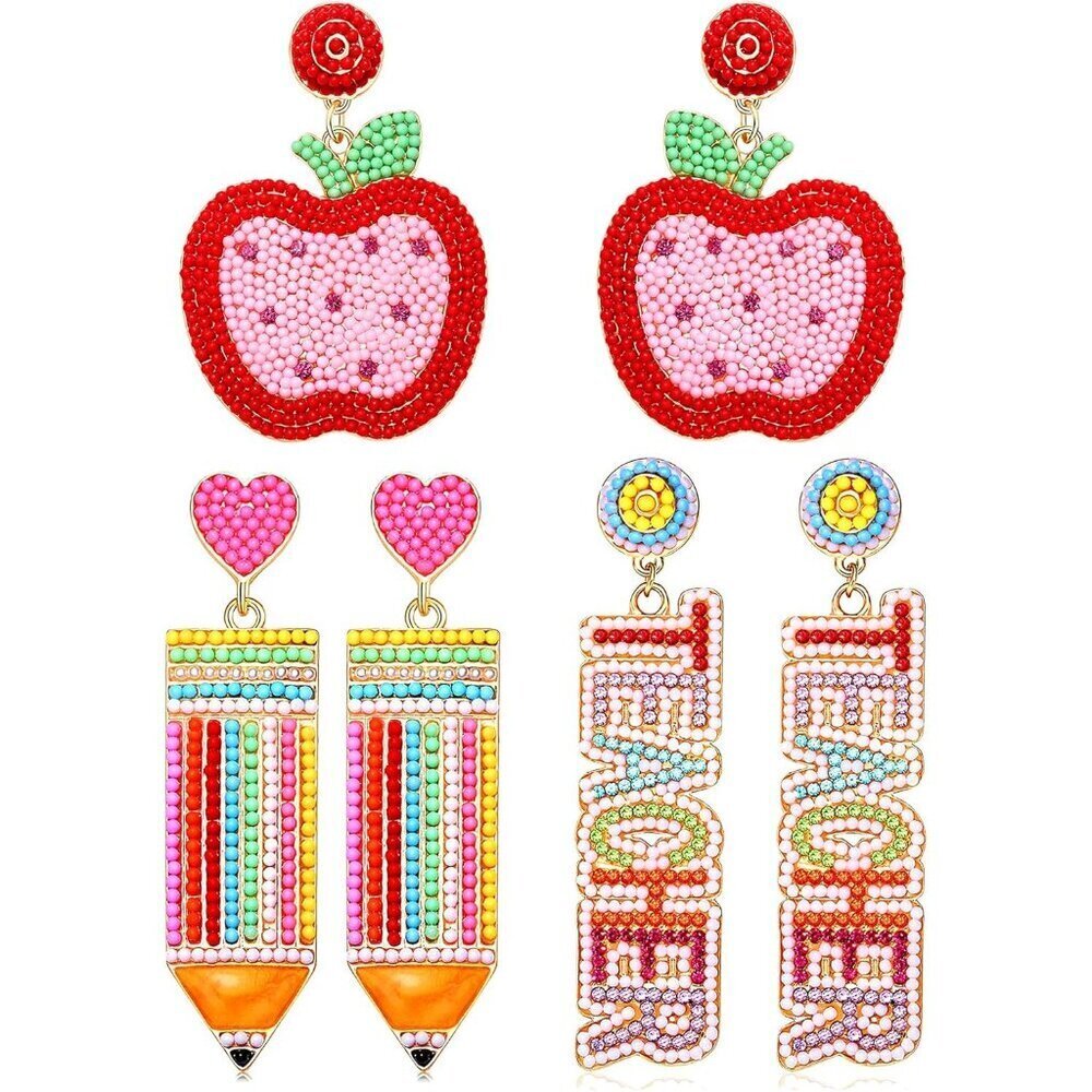 2/3 Pairs Rhinestone Beaded Dangle Pencil Earrings Teachers Gift Set